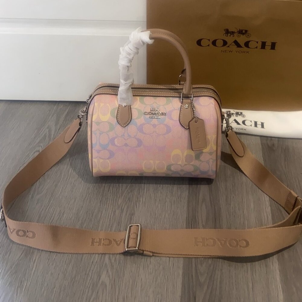 Coach Rowan Satchel Bag In Rainbow Signature Canvas CDA90 Sand Multi